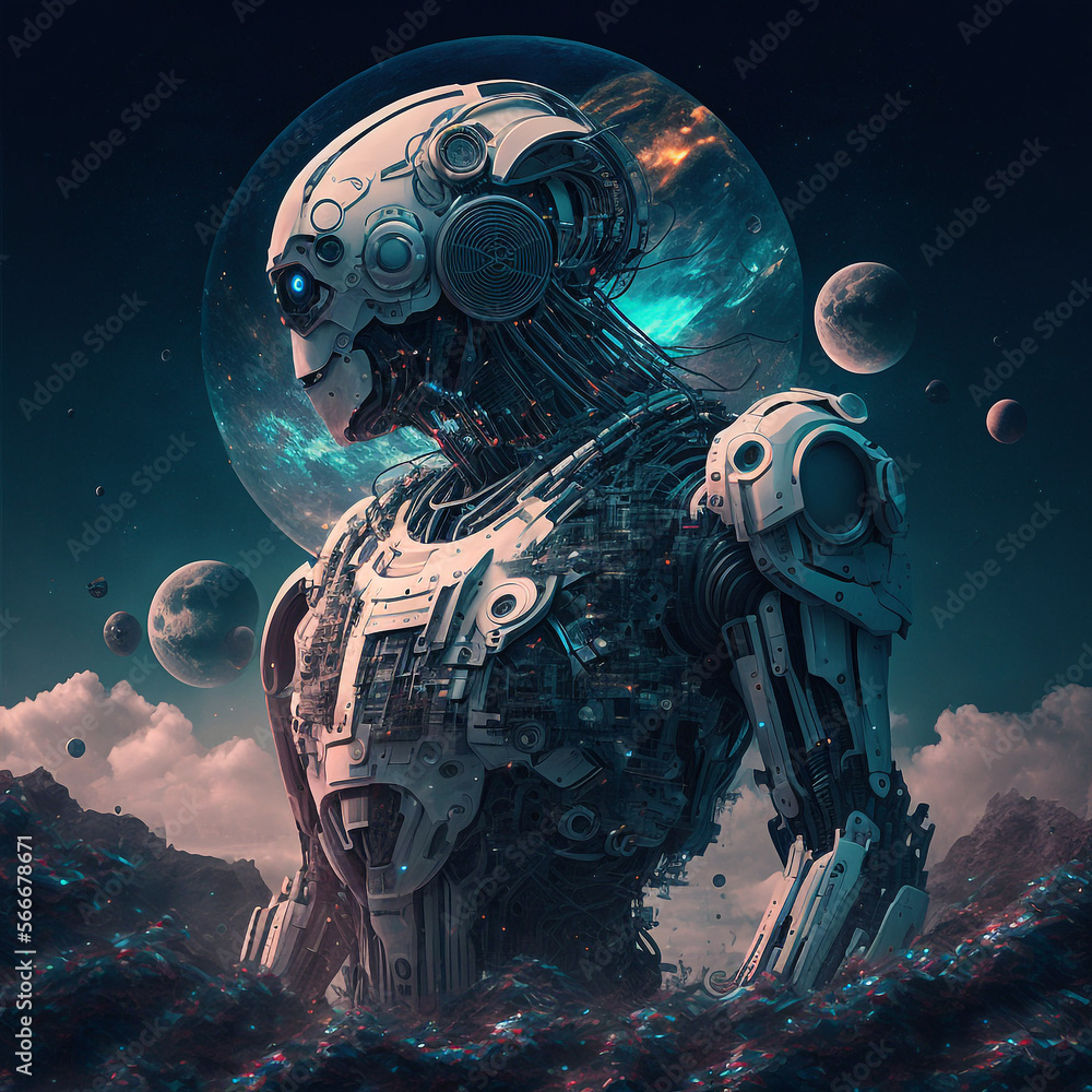 Generative ai illustration sci-fi futuristic humanoid robot in outer ...