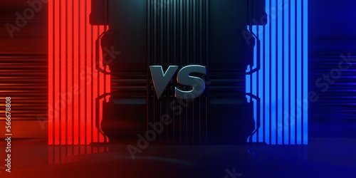 3d illustration rendering of futuristic cyberpunk city, gaming wallpaper scifi background, a esports gamer vs banner sign of neon glow, versus player challenge © issaronow