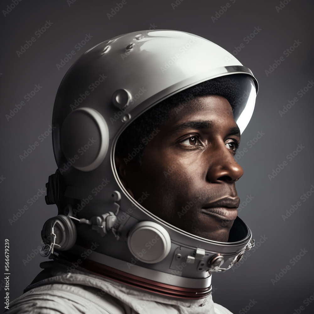 Generative AI black spaceman posing looking camera Generative AI black spaceman posing looking camera