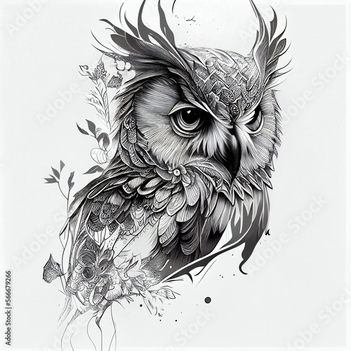 owl portrait black and white drawing on a white background
