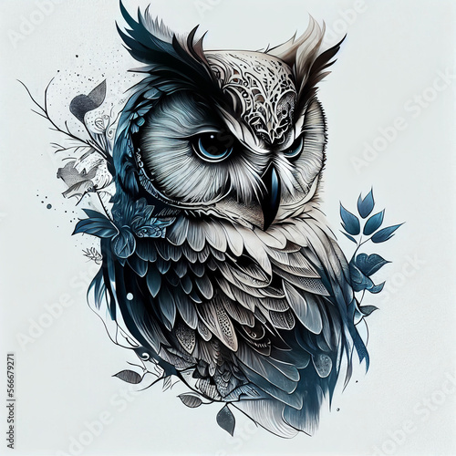 owl in branches with blue eyes on a blue background
