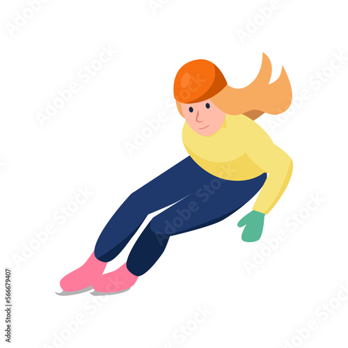 Active happy woman skating vector illustration. Female character skating cartoon vector illustration. Winter activities concept