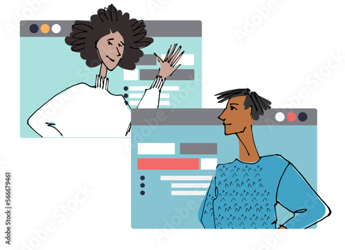 Two Young people in front of a computer screen. line illustrations, Flat style, isolated vector element, hand lettering