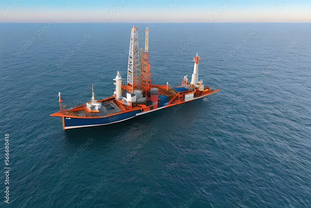 An aerial shot of a jack-up drilling rig at an offshore area at dusk. Generative AI