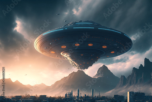 Generative ai science fiction scene with alien spaceship. Extraterrestrial visitors in flying saucer over city.