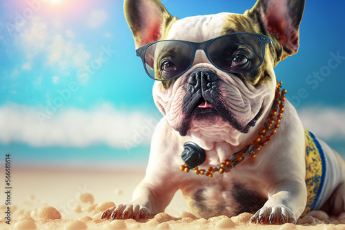 Cute french bulldog in swimming suit on beach in summer, Generative AI © marcin jucha