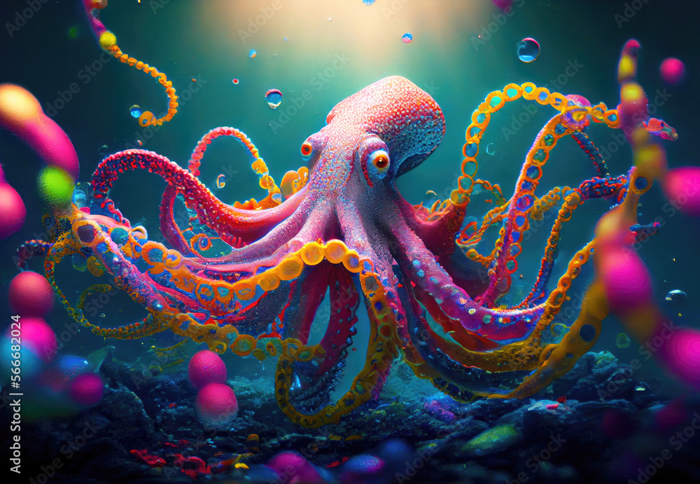 Colorful octopus swimming underwater. Generative Ai Art. Rainbow colors. Stock イラスト Adobe Stock