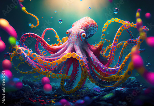 Colorful octopus swimming underwater. Generative Ai Art. Rainbow colors.