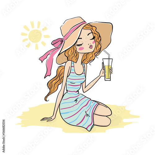 Fashionable young woman in hat and summer dress on the beach. Cute girl tanning on the beach. Hand drawn vector illustration 