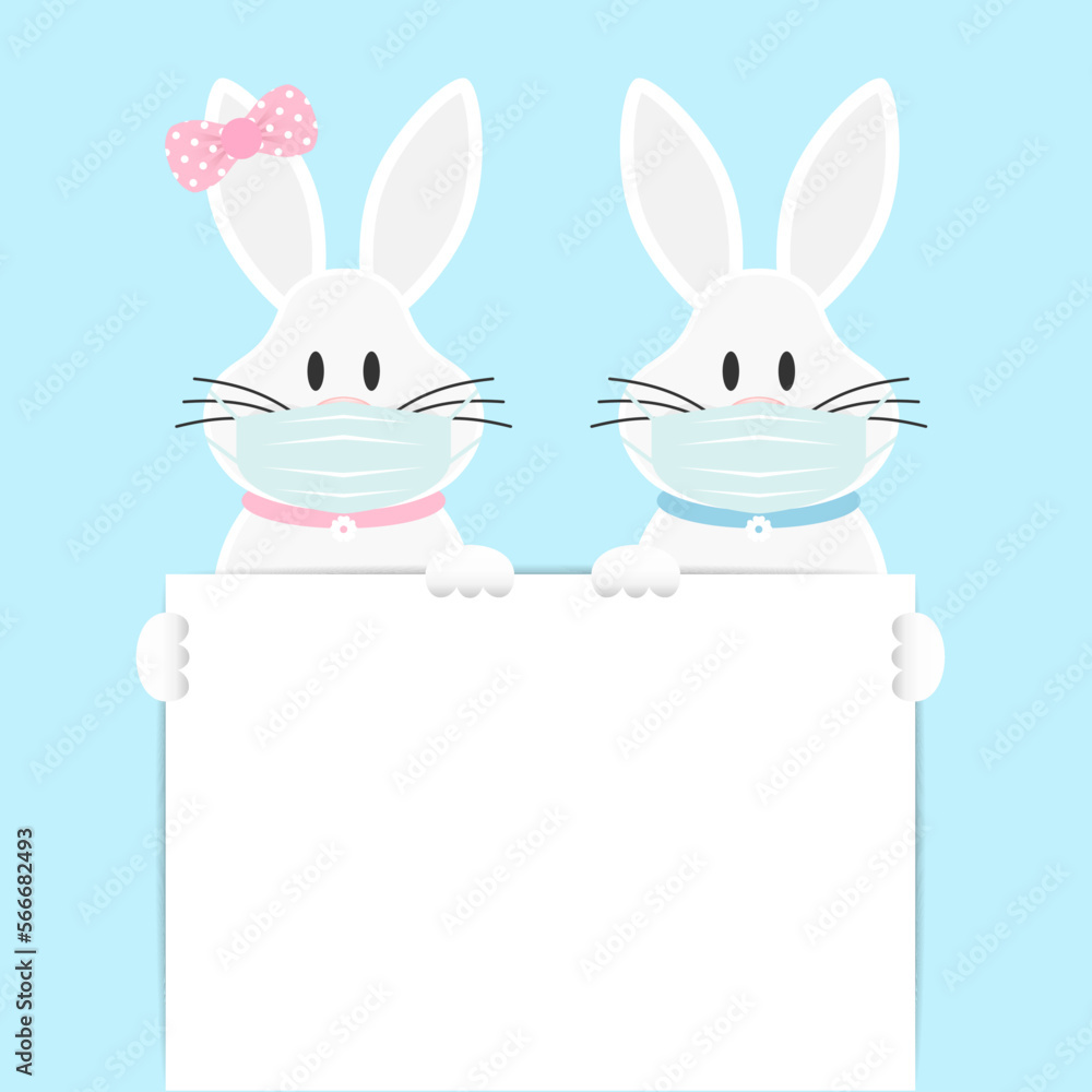 Obraz premium 2 Weiße Osterhasen Mädchen & Junge Maske Halten Kleines Schild Himmel