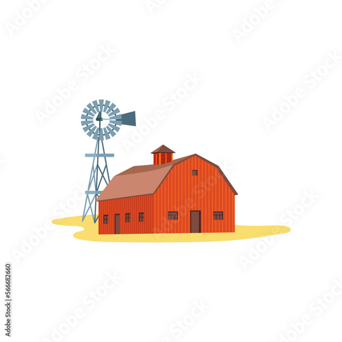Red barn with windmill vector illustration. Cartoon drawing of farm house on white background. Farming, autumn, harvest, Thanksgiving concept