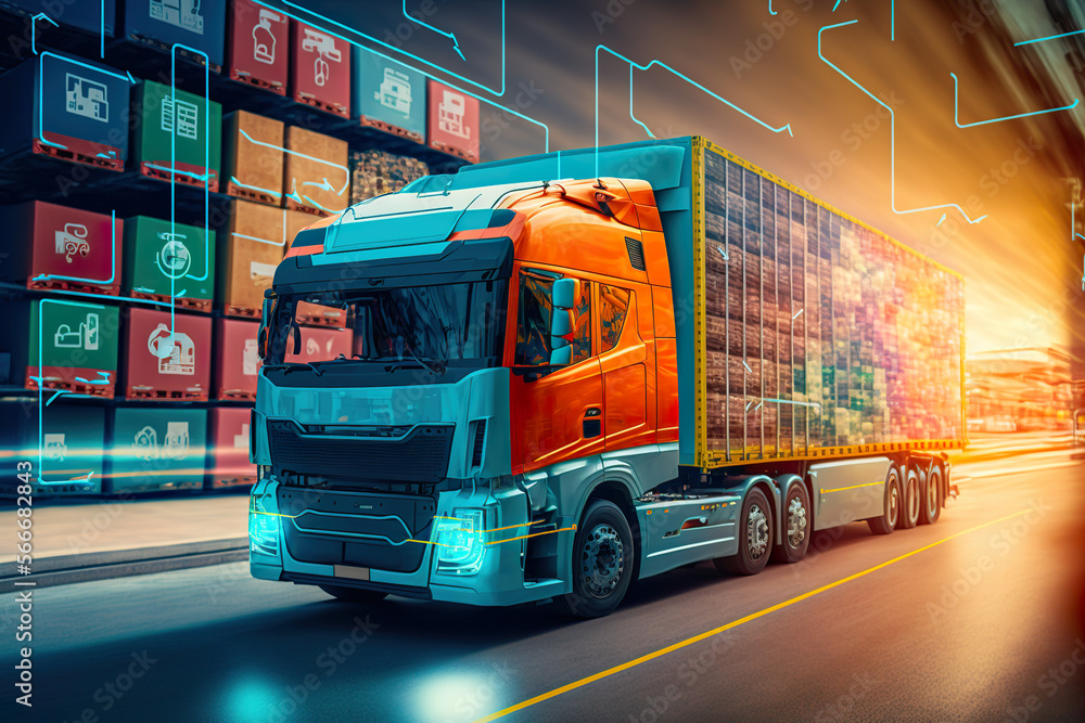 Road transport in the future. Logistics uses all available technologies for fast service. Image created with AI. Road transport in the future. Logistics uses all available technologies for fast service. Image created with AI.