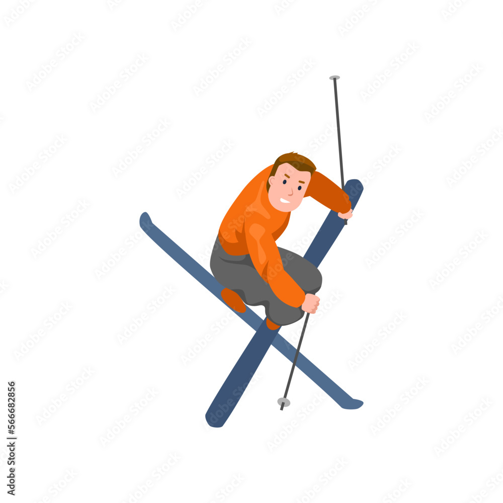 Active man skiing. Male character with skiing equipment jumping cartoon vector illustration. Winter activities concept