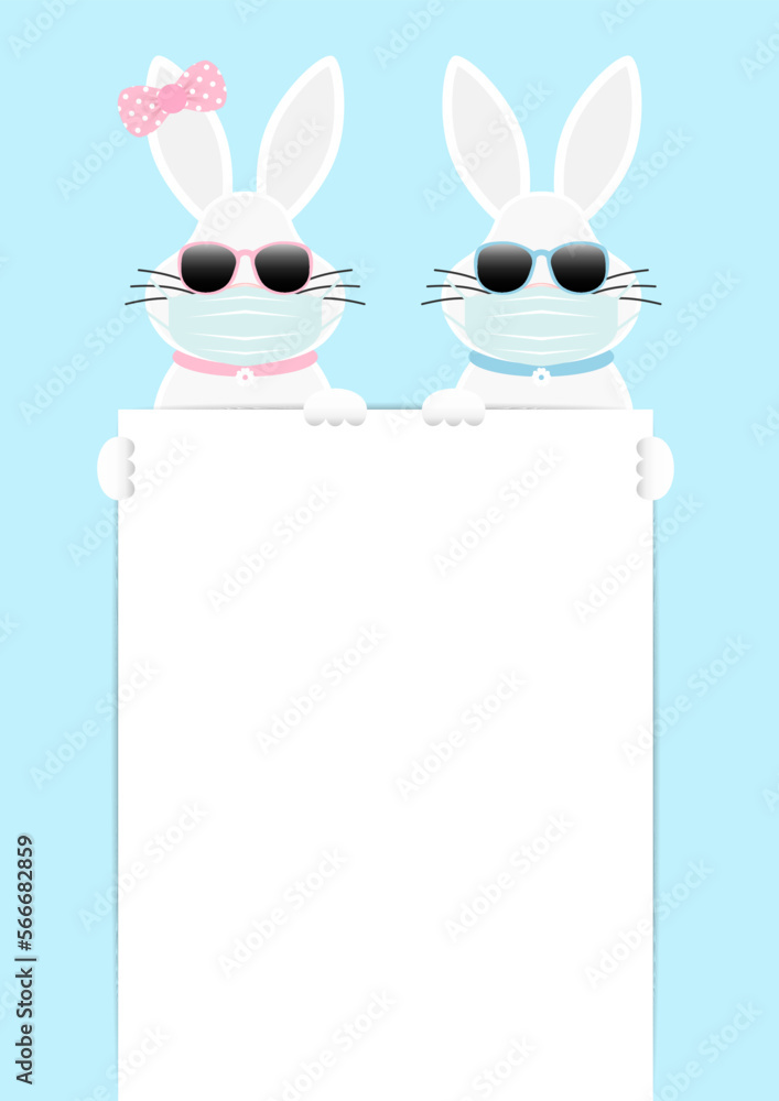 Obraz premium 2 Weiße Osterhasen Mädchen & Junge Maske Halten Großes Schild Himmel