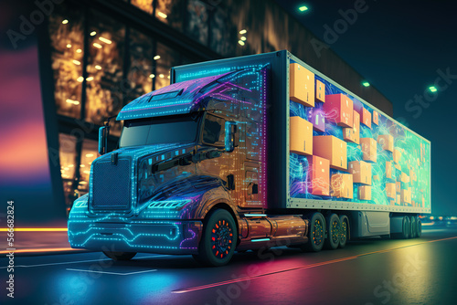 Road transport in the future. Logistics uses all available technologies for fast service. Image created with AI. photo