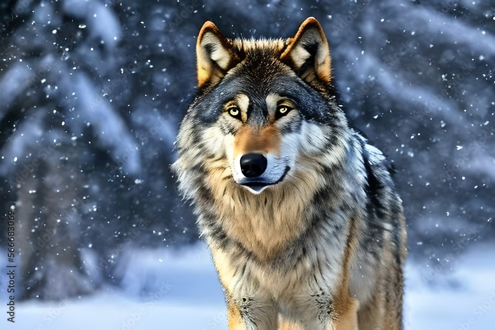 A gray wolf elegantly looks towards the camera