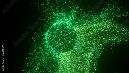 Green planet of particles 3d background. The sphere breaks up into molecules rendered in 3d. Chaotic movement of particles in space motion design.