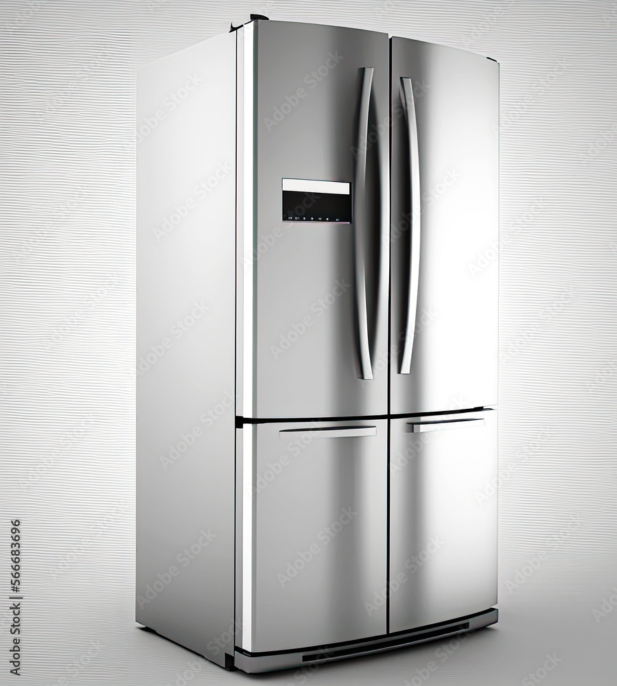 Three Door Refrigerator with Food Isolated on White Background. Side View of Stainless Steel Counter-Depth Side by Side French Door 3-Door Fridge Freezer. Kitchen and Major Domestic Appliances Three Door Refrigerator with Food Isolated on White Background. Side View of Stainless Steel Counter-Depth Side by Side French Door 3-Door Fridge Freezer. Kitchen and Major Domestic Appliances