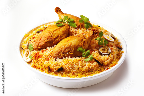 Isolated delicious spicy chicken biryani in white bowl on white background, Indian or Pakistani ramzan food. Beautiful view of traditional spicy indian food, Iftar meal, Ramadan dinner.