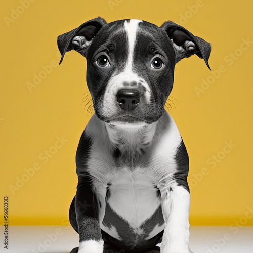 Cute black and white stafford terrier puppy looking at the camera standig on a white underground at a yellow background. Generative AI