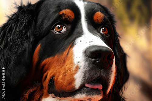 Close up of Bernese mountain dog. Beautiful expression of the dog's head. . Generative AI