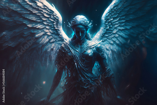 Large Angelic figure with wings unfurled. Generative AI, this image is not based on any original image, character or person.