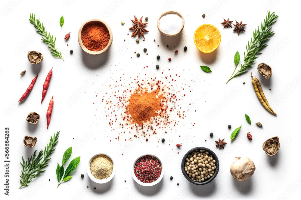 Obraz premium Assortment of spices and herbs on white background.