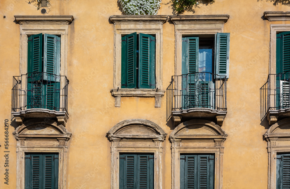 Facade of the 19th-century building in the historic centre of Verona,Piazza Pradaval - Verona,Veneto province,northern Italy, Europe