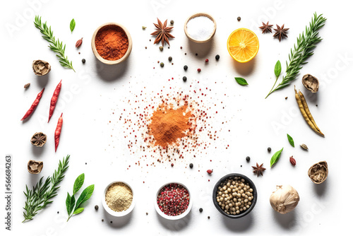 Assortment of spices and herbs on white background. 