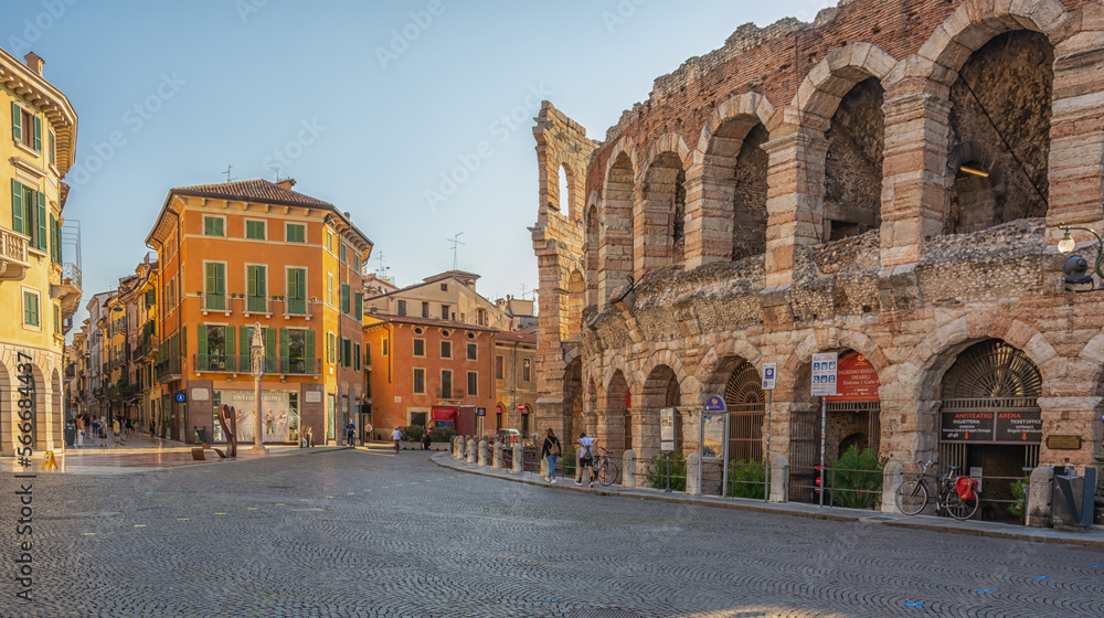Verona city -  Square Piazza Bra with the famous Roman amphitheatre (Arena di Verona) - Veneto region,northern Italy,September 9, 2021