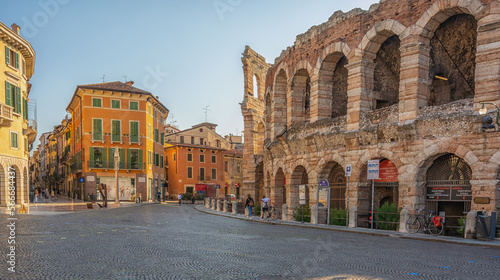 Verona city -  Square Piazza Bra with the famous Roman amphitheatre (Arena di Verona) - Veneto region,northern Italy,September 9, 2021 photo