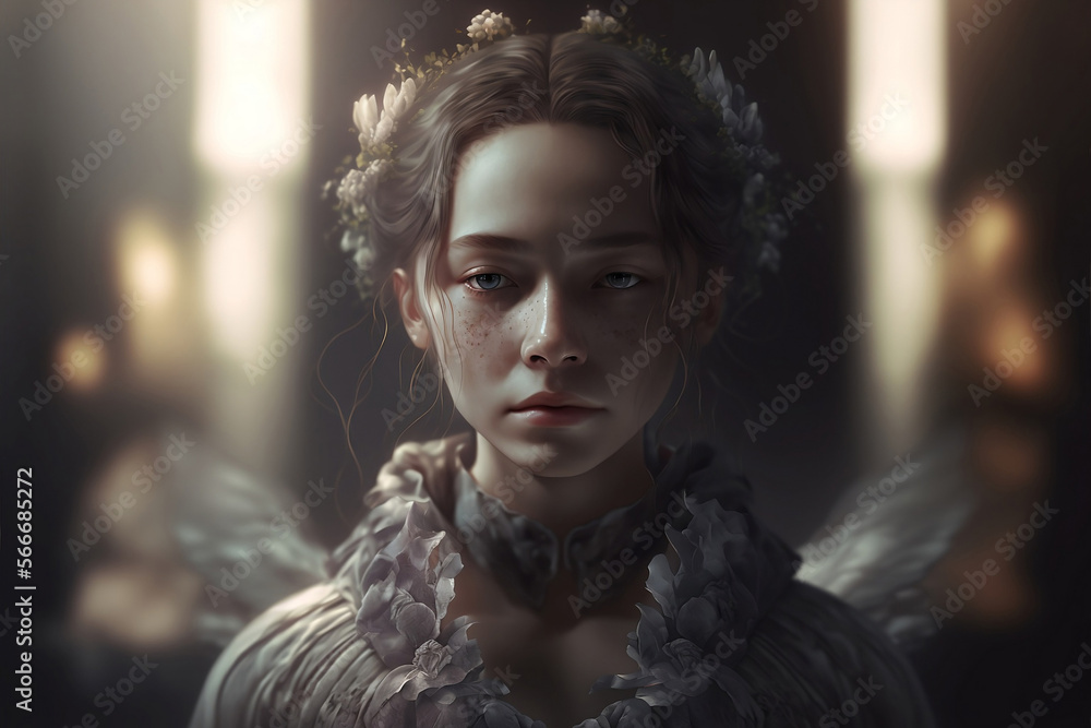 Young angelic girl with hint of ethereal Angel wings. Generative AI, this image is not based on any original image, character or person.