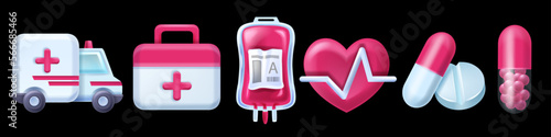 3D medic vector icon set, pharmacy hospital pictogram, medical heart, pulse line, ambulance car. Emergency help concept, treatment aid case, pills, blood bag, cardio sign. 3D medical object kit