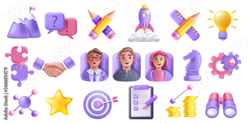 3D teamwork partner vector icon set, handshake, puzzle, person avatar, partnership project funnel. Business management strategy, success cup, startup rocket. 3D teamwork user connect company concept