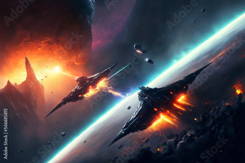 Large alien space battle featuring large spaceships and alien planets in the background. Generative AI, this image is not based on any original image, character or person. 