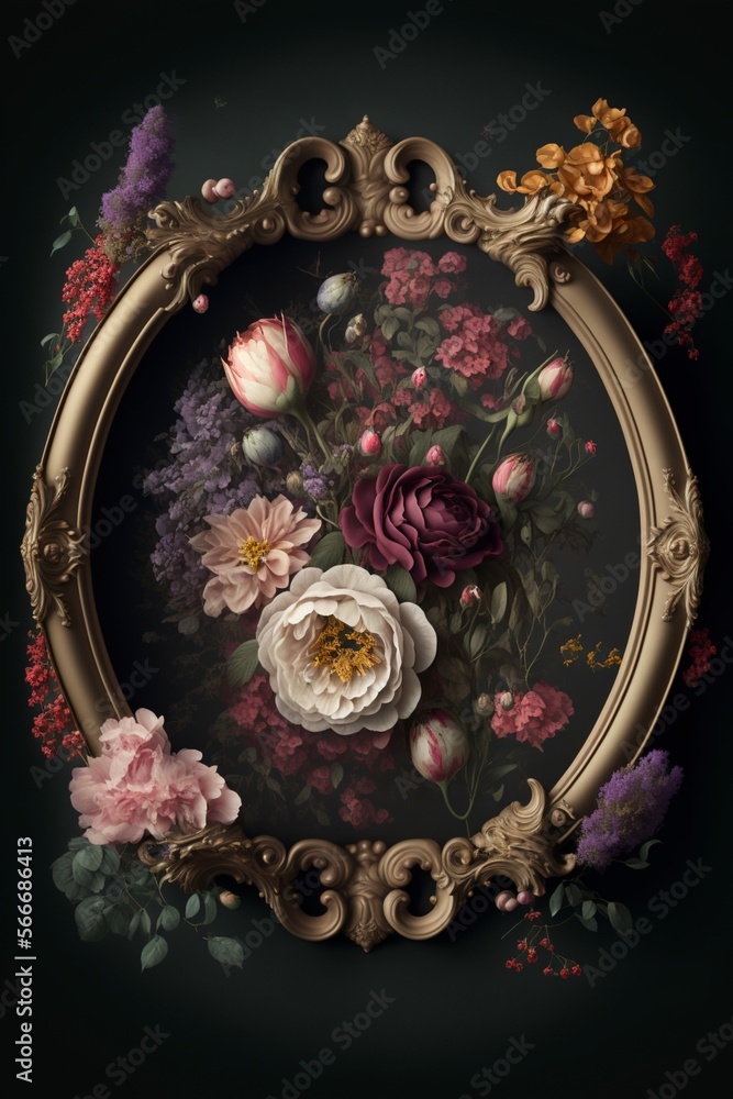 old masters floral frame Digital Backdrop in rich colour. Generative Ai