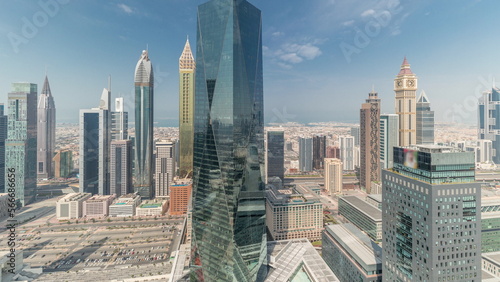 Photography Panorama showing futuristic skyscrapers in financial district business center in