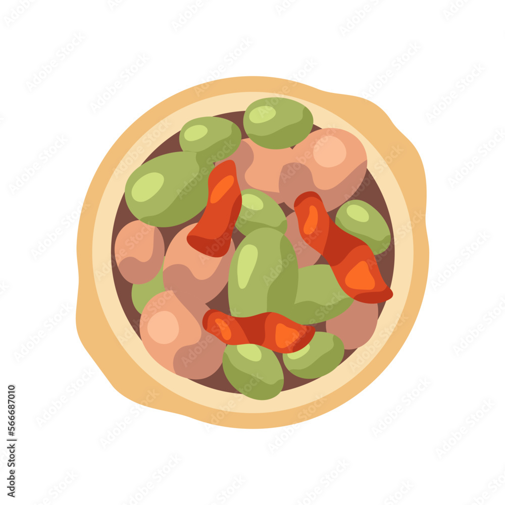 Top view of plate with baked vegetables isolated on white background. Food for Thanksgiving dinner vector illustration. Harvesting, cuisine, food concept Top view of plate with baked vegetables isolated on white background. Food for Thanksgiving dinner vector illustration. Harvesting, cuisine, food concept