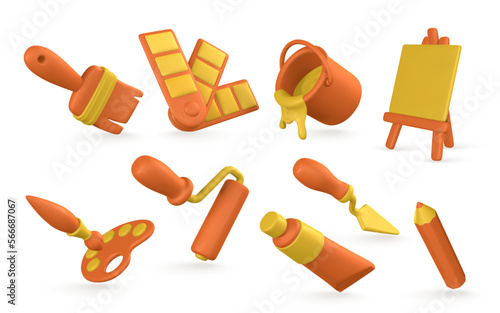 3d realistic tools for paint. Easel, paint tube, brush, roller brash, palette knife, color palette, pencil and tin of paint in cartoon style. Vector illustration
