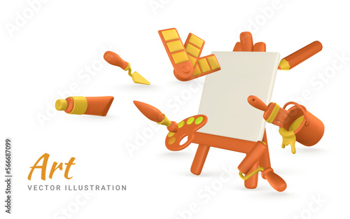 Art concept. 3d realistic tools for paint. Easel, paint tube, brush, roller brash, palette knife, color palette, pencil and tin of paint in cartoon style. Vector illustration
