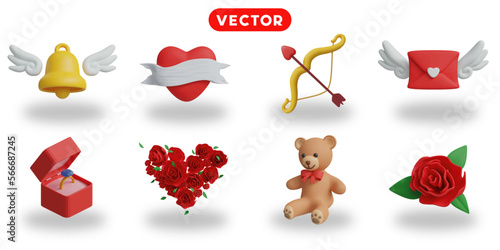 3d rendering. Valentine's Day icons set on a white background winged bell, heart tag,  bow, winged letter, wedding ring box, heart-shaped bouquet, teddy bear, rose.