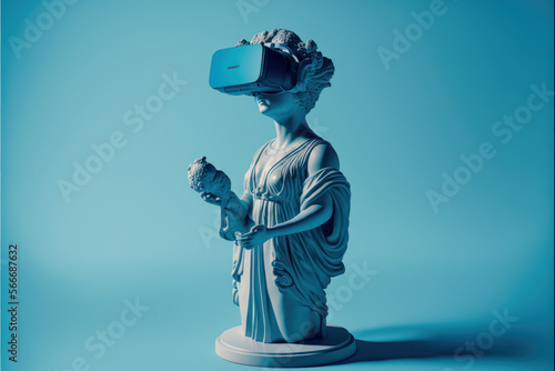 Statue wearing virtual / augmented reality headset, immersion into metaverse - AI Generated