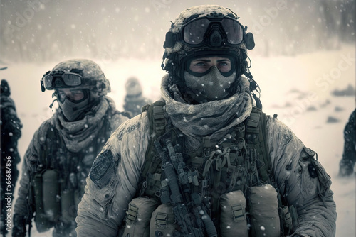 Special forces. Soldiers in the snow. Generative AI
