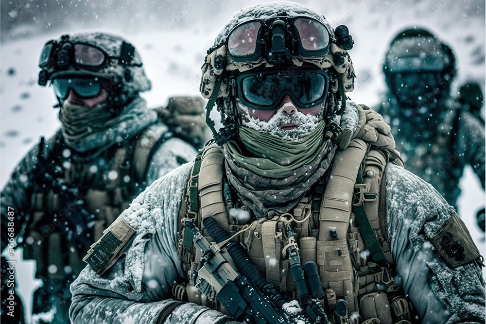 Fototapeta premium Special forces. Soldiers in the snow. Generative AI
