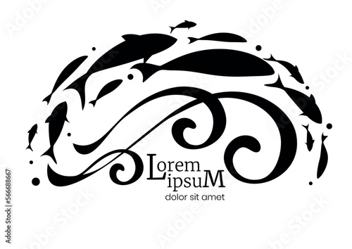 Fish banner black template design. Jumping school of fish with decorative waves.