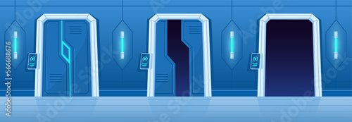 Cartoon spaceship futuristic gates. Closed and open alien cosmic ship doors, spacecraft control room gateway flat vector illustration set. Futuristic doorway animation