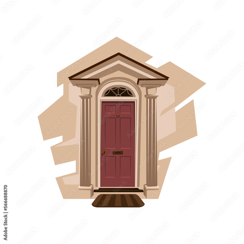 House or apartment entrance, wall with mat, pillars and casement window ...