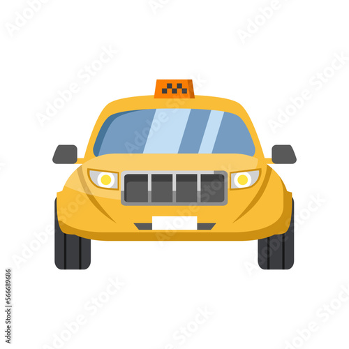 Taxi car front view cartoon vector illustration. Yellow transport vehicle, taxi on white background. Means of transport, travel transportation concept
