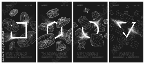 Geometric shapes with particle spray effect, Wireframes strange geometrical figures on a black background, contemporary composition artwork abstract vector set posters