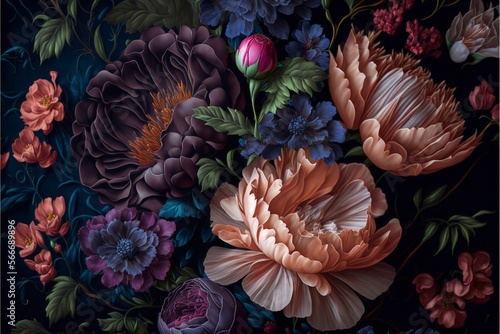 hand Painted flowers as a lush pattern oil painted Photo. Generative Ai © Bright Studio